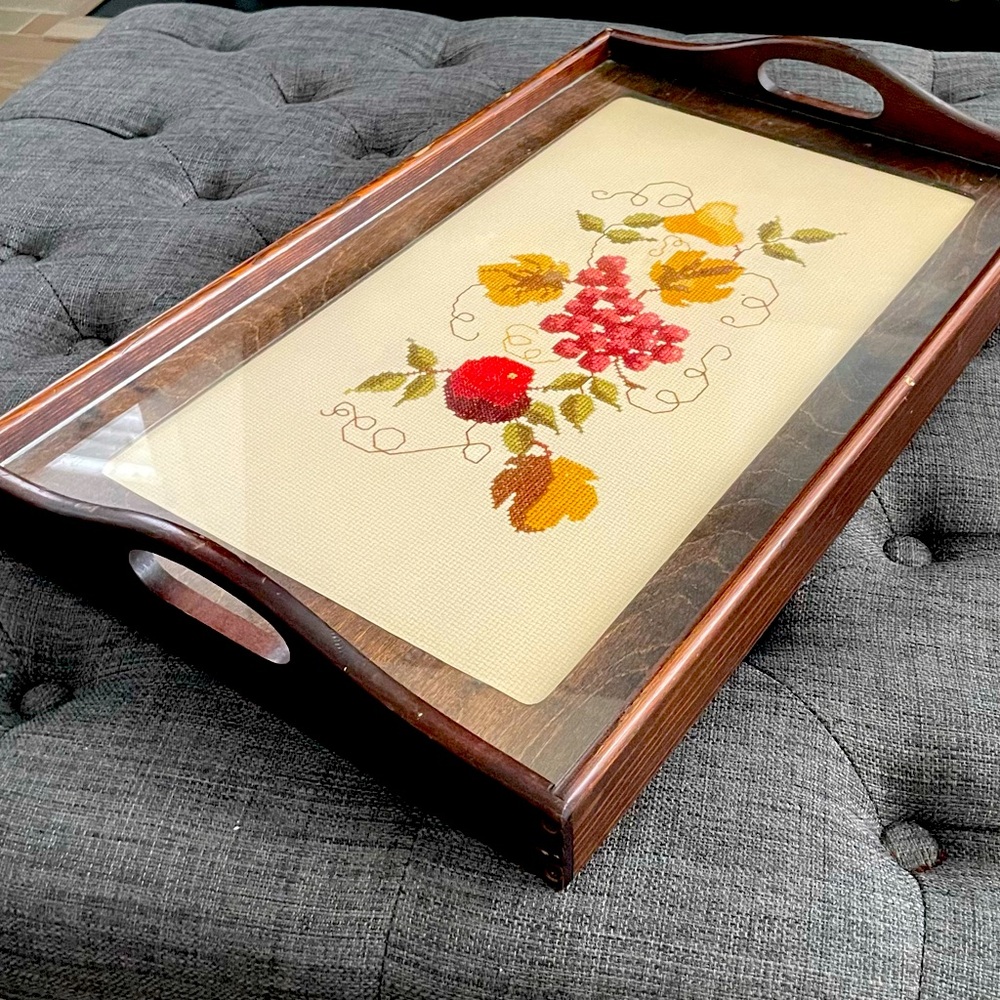Vintage Wood Needlepoint Serving Tray by Three Mountaineers Fruit Display. GUC